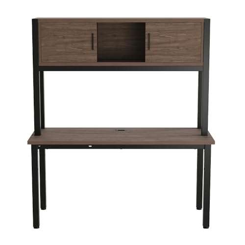 NBF 60” Credenza Desk with Hutch - Industrial Office Desk with 1.125” Thick Laminate Top, Steel Grommet Cable Management - Cortez Concealed Storage Hutch, 24" D x 60" W x 68" H, Gray