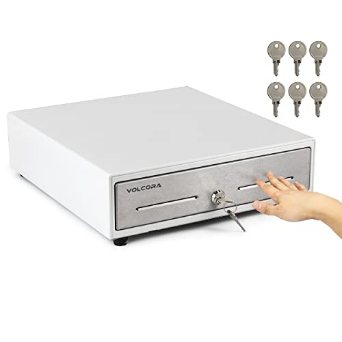 Volcora 13" Manual Push Open Cash Register Drawer for Point of Sale (POS) System - White with Stainless Steel Front Touch Panel - with 4 Bills and 5 Coin Slots, Key Lock with Removable Coin Tray