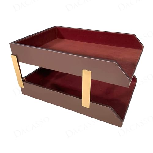 DACASSO Chocolate Brown Leather Front-Load Double Legal Size Letter Tray Set w/Gold Stacking Posts - Luxury Executive Decor and Office Essential - Desk Surface Protector