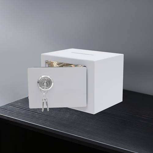 Small Safe Box with Drop Slot, Safety Box for Money, Depository Safe with Drop Slot Mountable CashBox with Lock for Home & Office Security (White)