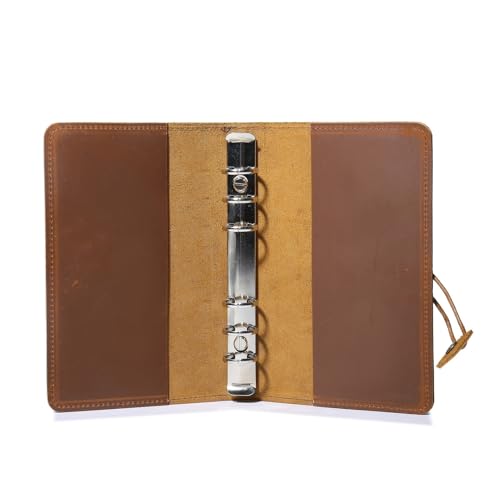 Genuine Leather A6 Refillable Binder Notebook, Vintage Crazy Horse Leather Journal with 6-Ring Binder & String Closure, Portable Travel Diary Planner for Men & Women