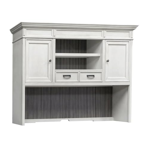 Starlight Wood Hutch with Doors, 2 Wire Doors, 2 Utility Drawers, 1 Adjustable Shelf, White Storage Top for Credenza