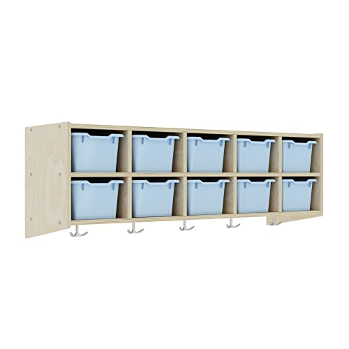 ECR4Kids Streamline 10-Section Hanging Coat Locker with Scoop Front Storage Bins, Natural, Cubby Storage, Powder Blue