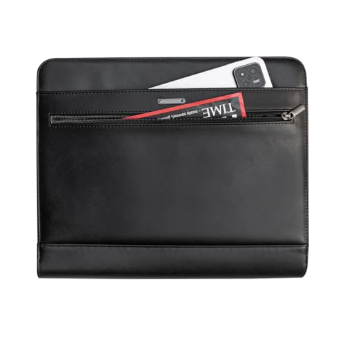 14" Laptop Briefcase, Vegan Leather Portfolio with Zipper Compartments x 2, A4 Papers Holder Padfolio Organizer, Black