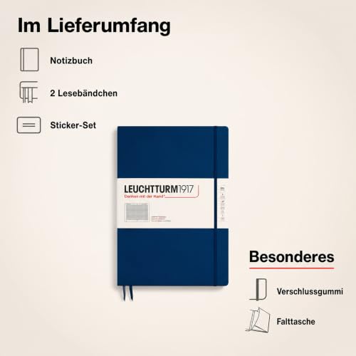 LEUCHTTURM1917 - Notebook Hardcover Master Slim A4+ - 123 Numbered Pages for Writing and Journaling (Navy, Squared)