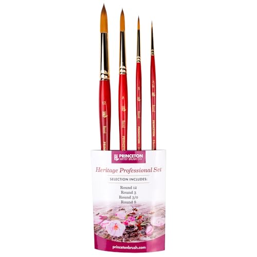 Princeton Artist Brush Co. Heritage 4-pc Synthetic Set of Sable Watercolor Brushes Professional – Sable Paint Brushes for Watercolor Painting for Detail, Control & Versatile Stroke Sizes 3/0, 3, 8, 12