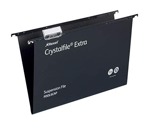 Rexel Foolscap Heavy Duty Suspension Files with Tabs and Inserts for Filing Cabinets, 15 mm Base, Polypropylene, Black, Crystalfile Extra, Pack of 25, 3000080