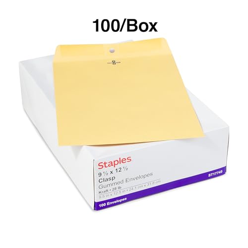 Staples 9.5x12.5 Kraft Clasp Envelopes, Brown, Open-End, 100/Box