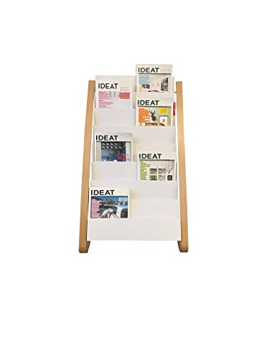 Alba Floor Standing Magazine Rack, Magazine Holder and Brochure Holder with 8 Double A4 Compartments, Steel and Wood Construction for Reception Areas, Lobbies and Professional Workspaces, White/Wood