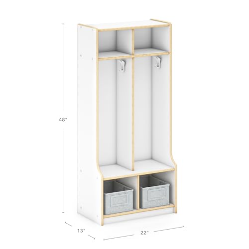 Guidecraft EdQ 2-Section Wooden Storage Locker with Bench Seat for Classroom, Kids White Cubby Organizer with Shelves and Hooks for Coats, Divided Playroom Storage with Bins