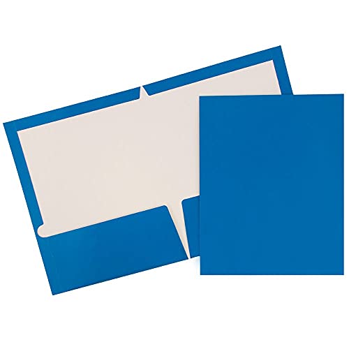 JAM PAPER Laminated Two Pocket Glossy School Folders - Letter Size - High Gloss Blue - Bulk 50/Box