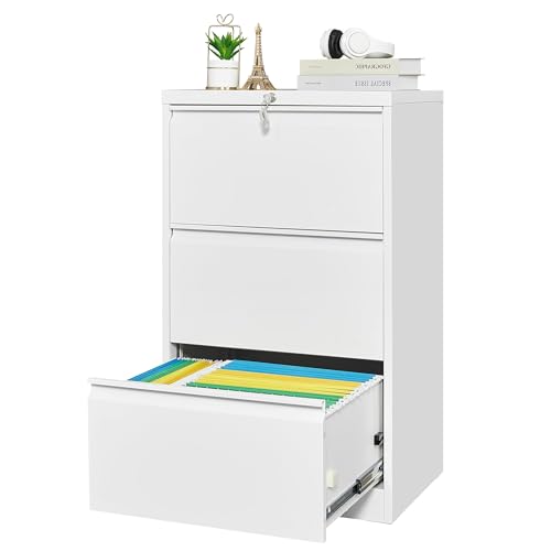 3 Drawers Lateral File Cabinet with Lock, Metal Filing Cabinet with Card Holder, Steel Drawer File Cabinets for Under Desk Use, Perfect for Home Office, Legal, Letter, f4, a4 Size Documents,White