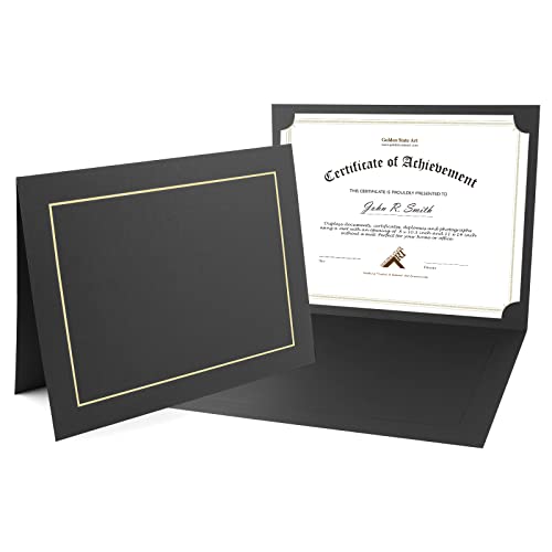 Golden State Art, Pack of 25, 8.5X11 Photo Folders, Cardboard Picture Frame, Paper Frame Cards, Special for Certificate Document Holders, Diploma Award Holders(Black with Gold Lining)