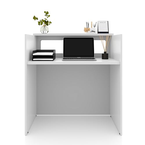 White Reception Desk with Counter, Modern Front Desk Reception Room Table for Small Space, Retail Counter for Checkout, Lobby, Salon, Dental Clinic