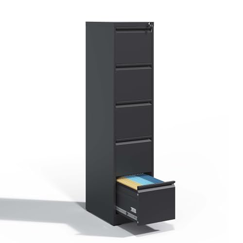 NUPczxg 17.7" Deep 5 Drawer File Cabinet, Metal Vertical Filing Cabinet with Lock, Office Home Steel Printer Stand for A4 Legal/Letter Size, Assembly Required, 5 Drawer Black