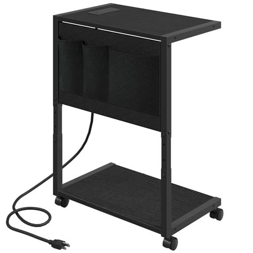 YATINEY PC Stand, Computer Tower Stand with Charging Station, Height Adjustable PC Tower Stand for Floor, 2 Tier Computer Cart On Wheels, 23.1"-29" H,19.7" L x 11" W, for Home Office, Black CJ60BB