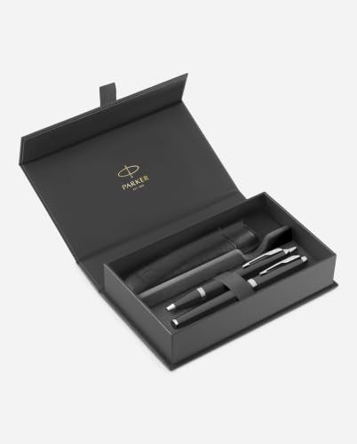 PARKER IM Duo Pen Set | Fountain Pen, Ballpoint Pen & Pen Pouch | Black Lacquer Finish with Chrome Trims | Medium Tip | Blue Ink Refills | Perfect Graduation Gifts
