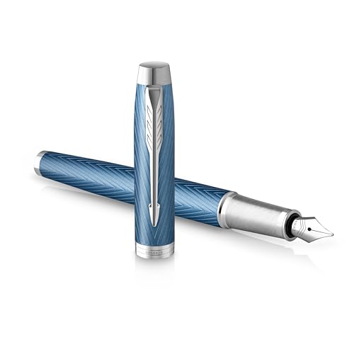 PARKER IM Fountain Pen | Premium Blue Grey with Chrome Trim | Fine Point with Blue Ink Cartridge | Gift Box