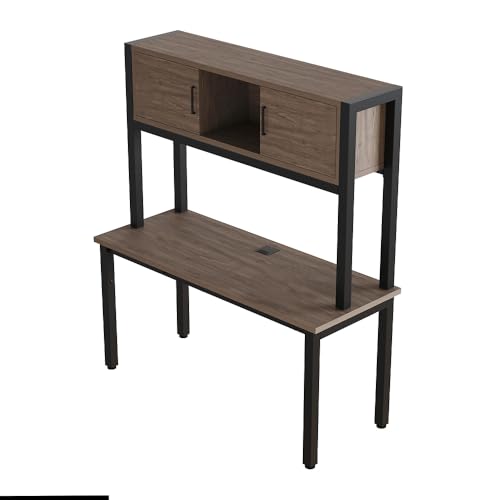NBF 60” Credenza Desk with Hutch - Industrial Office Workstation with 1.125” Thick Laminate Top, Cable Management and Steel Legs - Cortez 1 Open Storage Computer Desk, 60" W, Natural