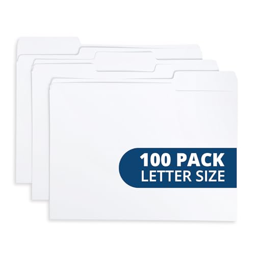 Blue Summit Supplies 100 File Folders, Letter Size, 1/3 Cut Tab, White