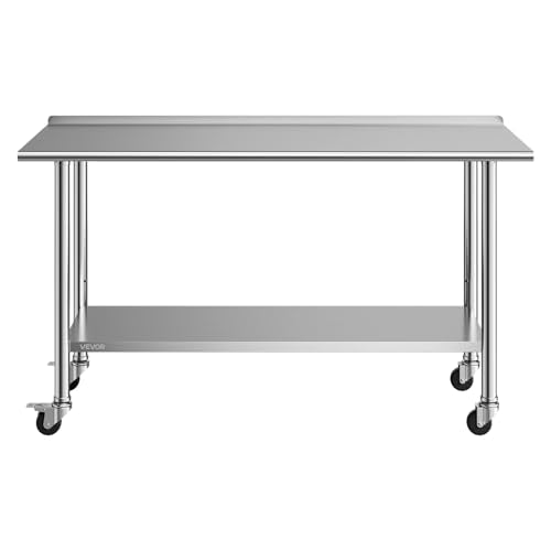VEVOR Stainless Steel Work Table, 24x60 inch Food Prep Table with Wheels and Backsplash, Commercial Kitchen Workstation with Adjustable Undershelf, Metal Utility Worktable, for Restaurant Home Outdoor