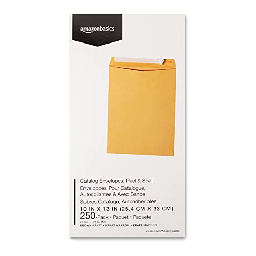 Amazon Basics Catalog Self Seal Mailing Envelopes, Peel and Seal, 10" x 13", Brown Kraft, 250-Pack