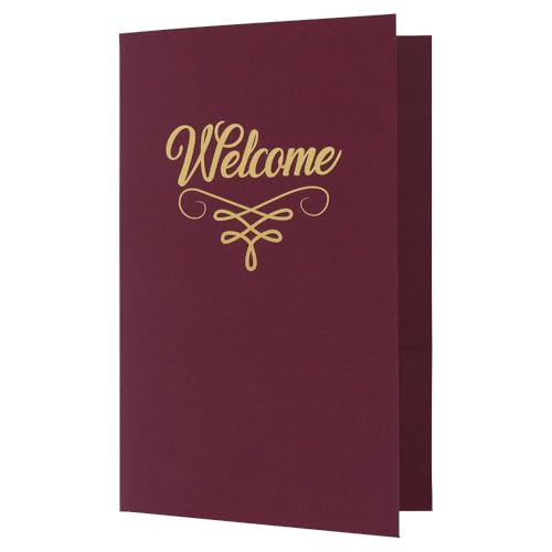 LUXPaper 6" x 9" Small Welcome Folders | Two Pocket | Burgundy Linen | Gold Foil Flourish | 110lb. Cover | 50 Qty