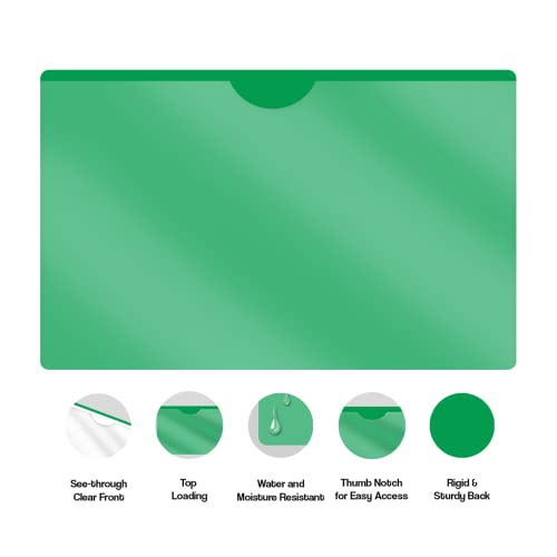 Doctor Stuff- 100 Pack, Vinyl Plastic Pocket File Folders Closed Sides, Legal Size, Clear Front Top Loading Job Jacket, Documents Holder for Office, High School and Medical Files, Green