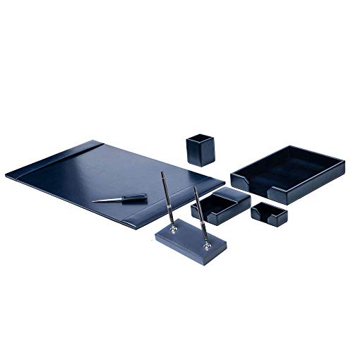 Dacasso Bonded Set Luxury Leather Desk Pad & Desk Organization Essentials, 7 Piece, Navy Blue