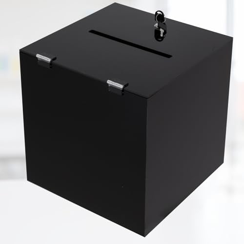 SHOUMANUAL Acrylic Donation Box, 12" X 12" X 12" Ballot Suggestion Box with Lock & 2 Keys, Raffle Voting Box with Slot for School Conference Fundraising (Black)