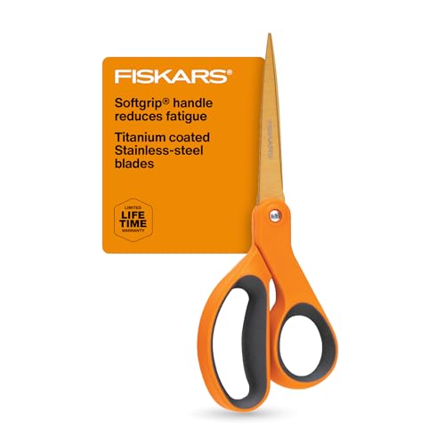 Fiskars SoftGrip Titanium Scissors All Purpose - 8" Straight Handle Scissors for Office, Arts, and Crafts - Orange