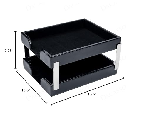 Dacasso Black Bonded Leather Front-Load Double Letter Tray Set w/Silver Stacking Posts - Luxury Executive Decor and Office Essential - Desk Surface Protector