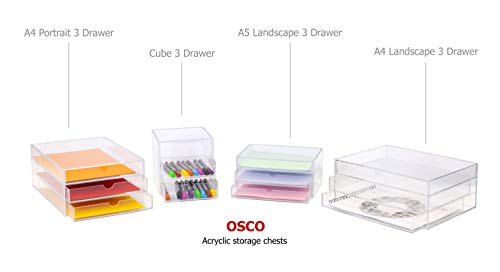 OSCO Medium Clear Acrylic 3 Drawer Chest | A5 | Pin storage | Jewellery | Paperclips | Crayons | Pens | Pencils | Small Stationery | H11 x W23 x D17 cm |