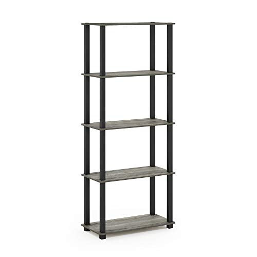 Furinno RATA Book Shelf, 5-Tier Industrial Multipurpose Flat Base Bookshelf, Bookcase with Metal Frame, Narrow, French Oak Grey