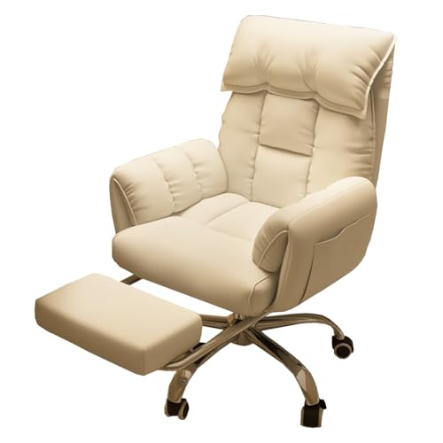 Ergonomic Executive Office Chair Home Office Desk Chairs Adjustable Height Reclining Swivel Chair with Arms Comfy Ergonomic Lazy Sofa Computer Chairs with Wheels(/Beige,with Foot Rest)