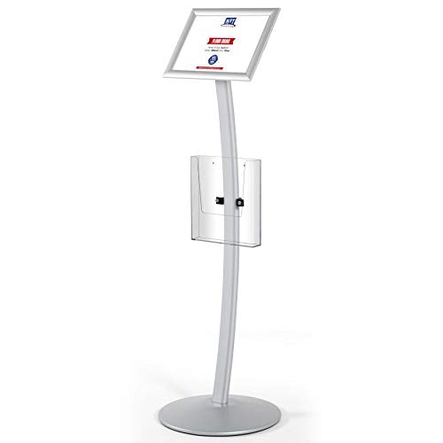 M&T Displays Curved Menu Board, 8.5x11 Inch Pedestal Sign Holder with 8.5x11 Inch Brochure Holder Silver Floor Standing Aluminum Front Loading Easy Open Poster Message Advertisement Post