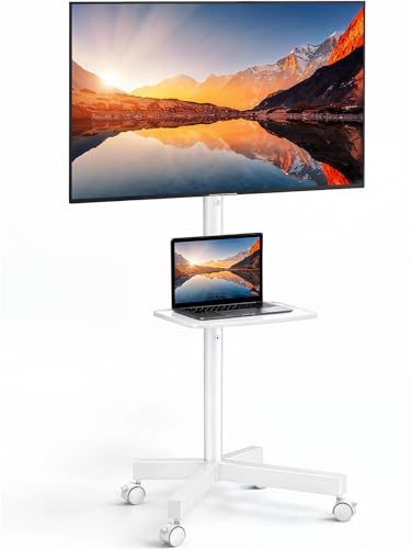 PERLESMITH Rolling White TV Stand for 23–65 Inch TVs up to 99 lbs, Portable TV Stand on Wheels with Height Adjustable Shelf, Outdoor Mobile White TV Cart for Bedroom, Max VESA 400x400mm, PSTVMC04W