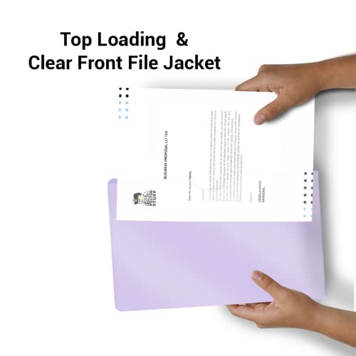 Doctor Stuff- 50 Pack, Vinyl Plastic Pocket File Folders Closed Sides, Legal Size, Clear Front Top Loading Job Jacket, Documents Holder for Office, High School and Medical Files, Lavender