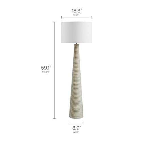 Modway Saylor 59 Inch Rustic Floor Lamp in White Gray – Carved Wood Tapered Base with Fabric Shade – Ribbed Modern Farmhouse Standing Light for Living Room or Bedroom