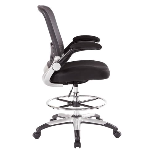 Pemberly Row Mesh Back Drafting Chair, Adjustable Foot Ring, Padded Flip Arms, Built-In Lumbar Support, Black Fabric Seat, Silver Frame, 24.75"W x 22.75"D x 49.75"H, Office or Workspace Comfort Chair