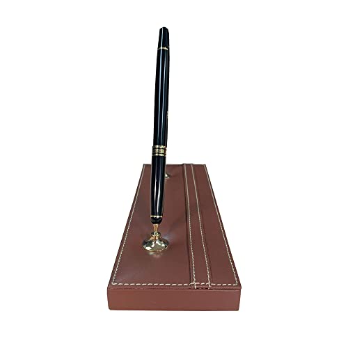 Dacasso Rustic Brown Leather Double Pen Stand with Gold Trim