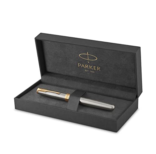 PARKER Sonnet Rollerball Pen, Stainless Steel with Gold Trim, Fine Point Black Ink (1931506)