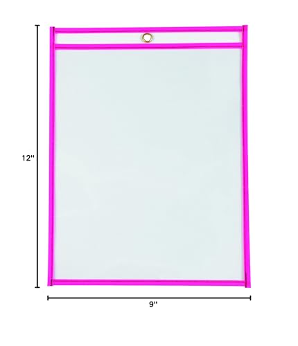 BOX USA Neon Stitched Job Ticket Holders, Top Loading, 9 x 12", Clear with Neon Pink Edging, Reusable Vinyl, Dry Erase, Use to Protect/Store Documents in The Office and Warehouse, Case of 15