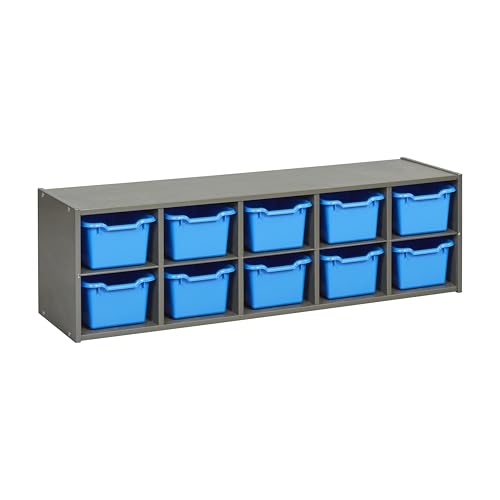 ECR4Kids 10 Cubby Tray Cabinet with Bins, 2x5, Grey Wash, Blue