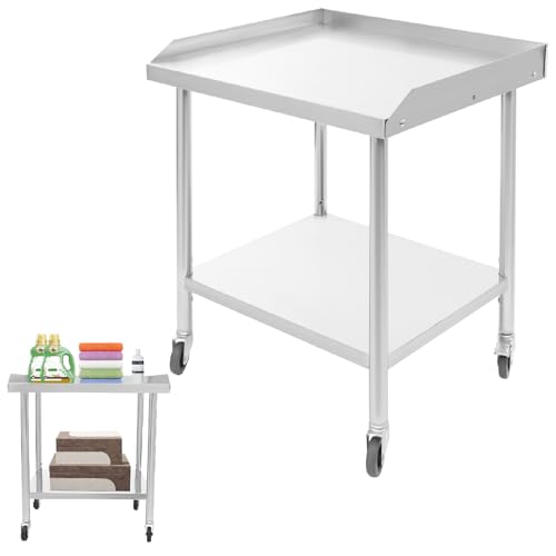 2-Tier Work Table, Stainless Steel Mobile Work Table, 1102 Lbs Load Capacity, Adjustable-Height Bottom Shelf, Commercial Prep Table with Wheels for Kitchen, Garage, Workshop (23.62×23.62×29.92 in)