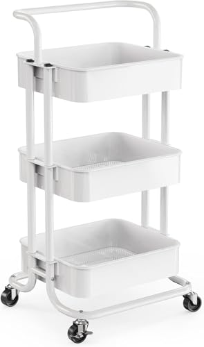Pipishell 3 Tier Rolling Cart, Utility Cart with Wheels & Handle, White