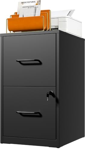 2 Drawer File Cabinet with Lock, Metal Vertical File Cabinets for Home Office, Office Furniture for Organization Hanging Legal/Letter/A4, Office File Cabinet Storage Cabinet, Require Assembly, Black