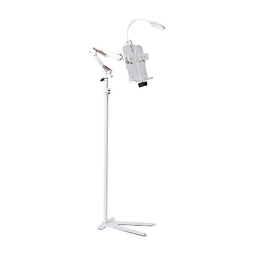Book Stand for Bedsid, Book Light and 2 Spring Clips, with Phone Holder, Long Arm Table Music Stand, Adjustable Height Angle, for Laptop Phone Tablet, for Cookbooks, Textbooks, Magazines