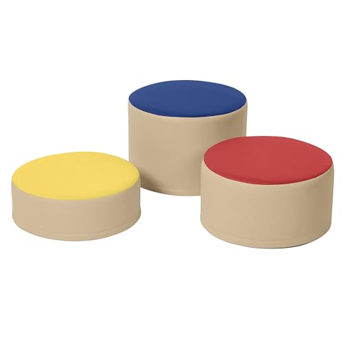 Back2School Express Kids Ottomans - 3-Piece Stackable Floor Seating Set for Classroom, Playroom & Reading Nook - Round Two-Tone Contemporary Design, Assorted