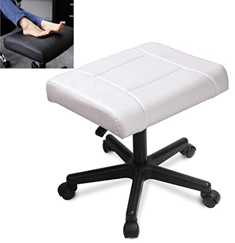 Office Footrests Foot Stool On Wheels, Gaming Chair Foot Stool Pu Leather Foot Stand Under Desk Height Adjustable Rolling Leg Rest, Office Small Footstool Computer Foot Rest (White)